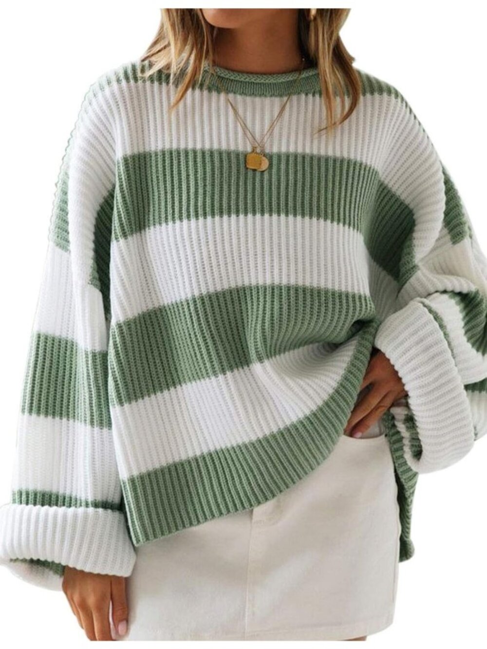 Women's Green Fall Winter Oversized Striped Knit Fashion Long Sleeve Sweaters
